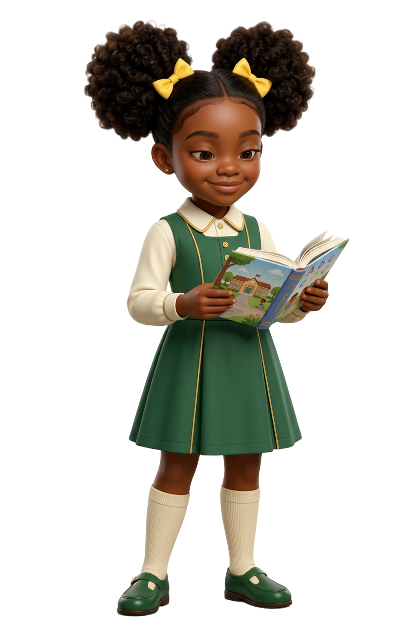 Summer in her school uniform, ready for a reading adventure